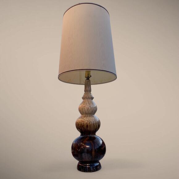 Mid Century Modern Drip Glaze Triple Gourd Table Lamp- Brown & Tan w drum shade - Picture 3 of 8